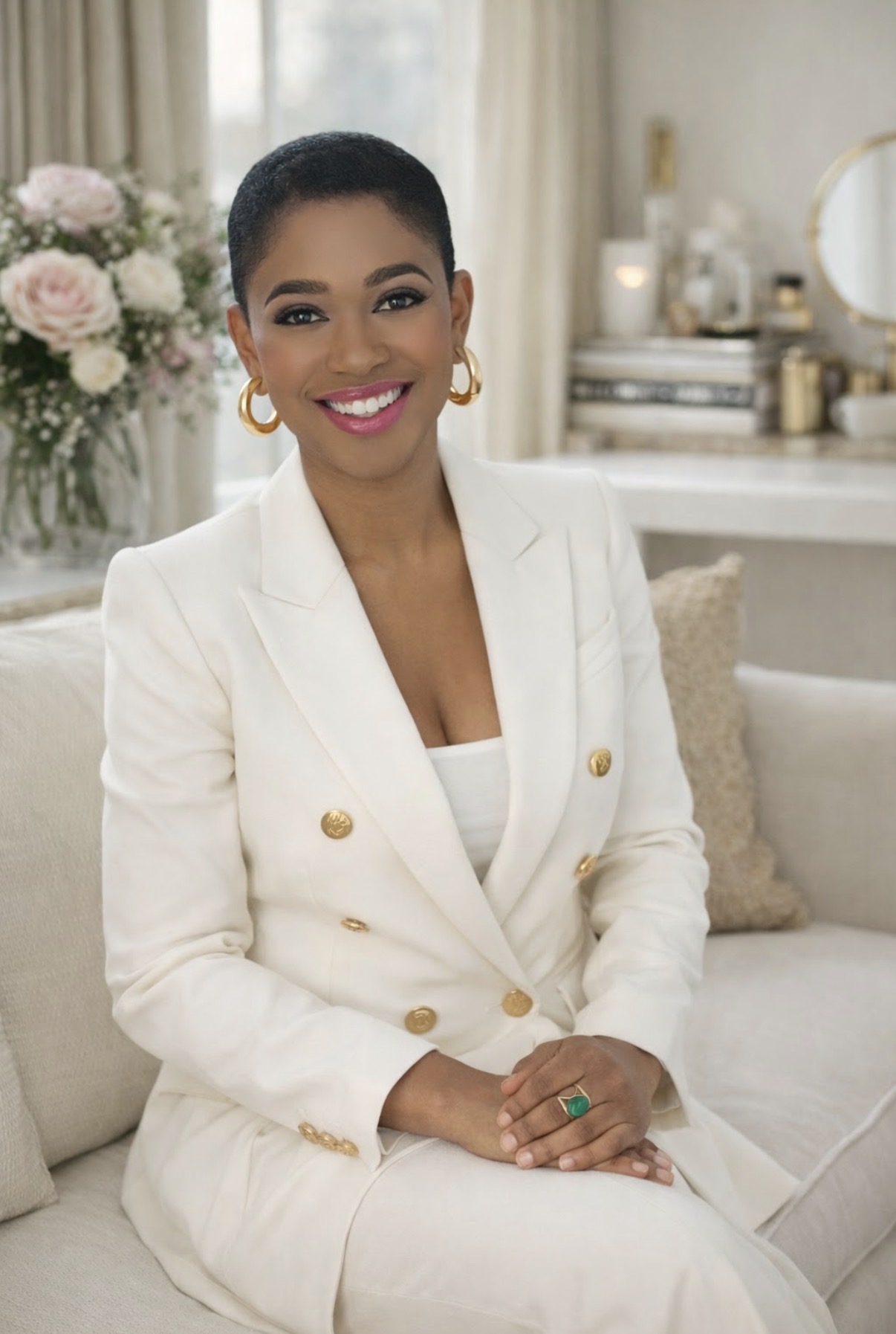 Rachel Wells, founder of reinventd., smiling in a white suit